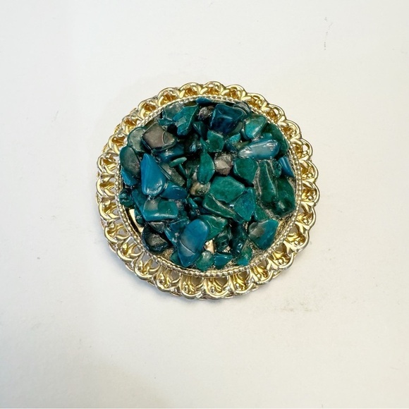 Chrysocolla Gemstone Cluster Pieces Gold Tone Brooch Pin Vintage - Picture 2 of 6